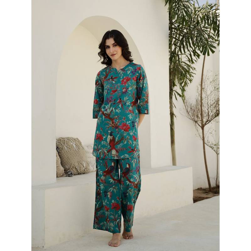 SANSKRUTIHOMES Women Green Round Neck Pure Cotton Nightsuit (Pack of 2) (M)