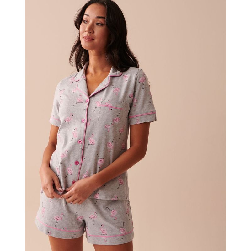 La Vie En Rose Cotton Grey Flamingo Button Fly Shirt (XL)