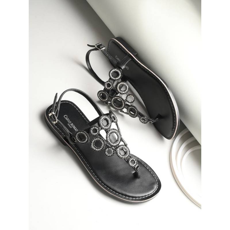 CARLO ROMANO Black Genuine Leather Flat Stylish Sandal (UK 4)