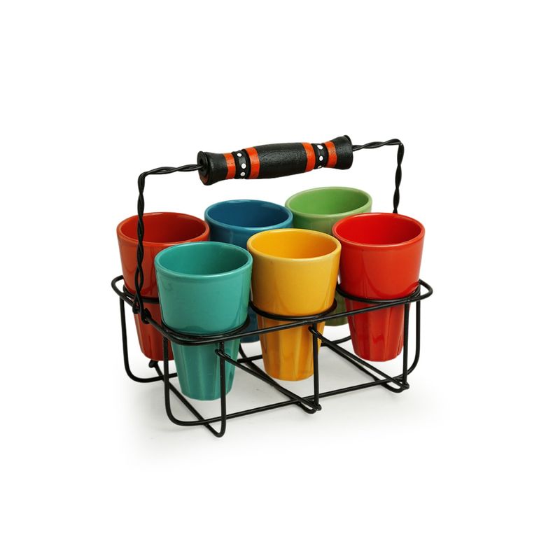 ExclusiveLane Pastel Punch' Cutting Chai Ceramic Tea Glasses Set With Iron Holder (Set Of 6 Buy