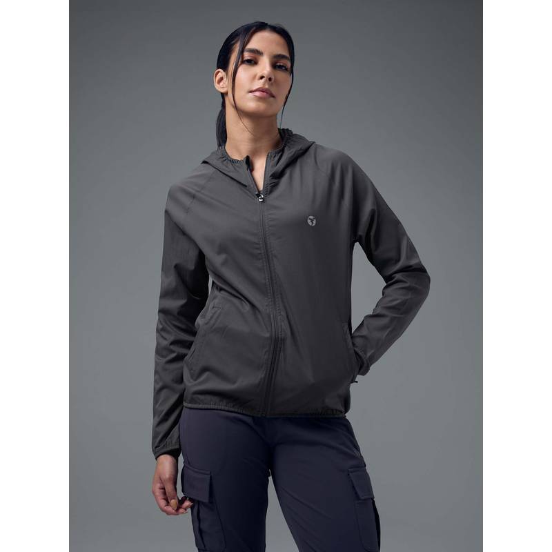 Technosport Women Dark Grey Solid Slim Fit Hooded Jacket (L)