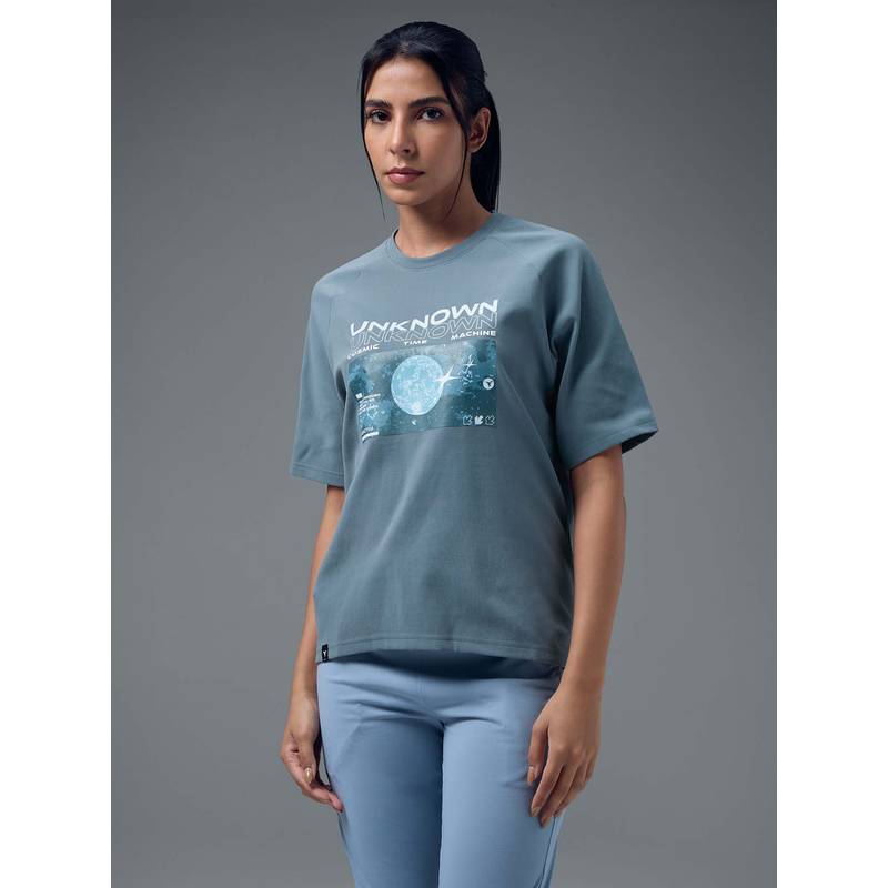 Technosport Women Blue Graphic Printed Round Neck Sports T-Shirt (M)