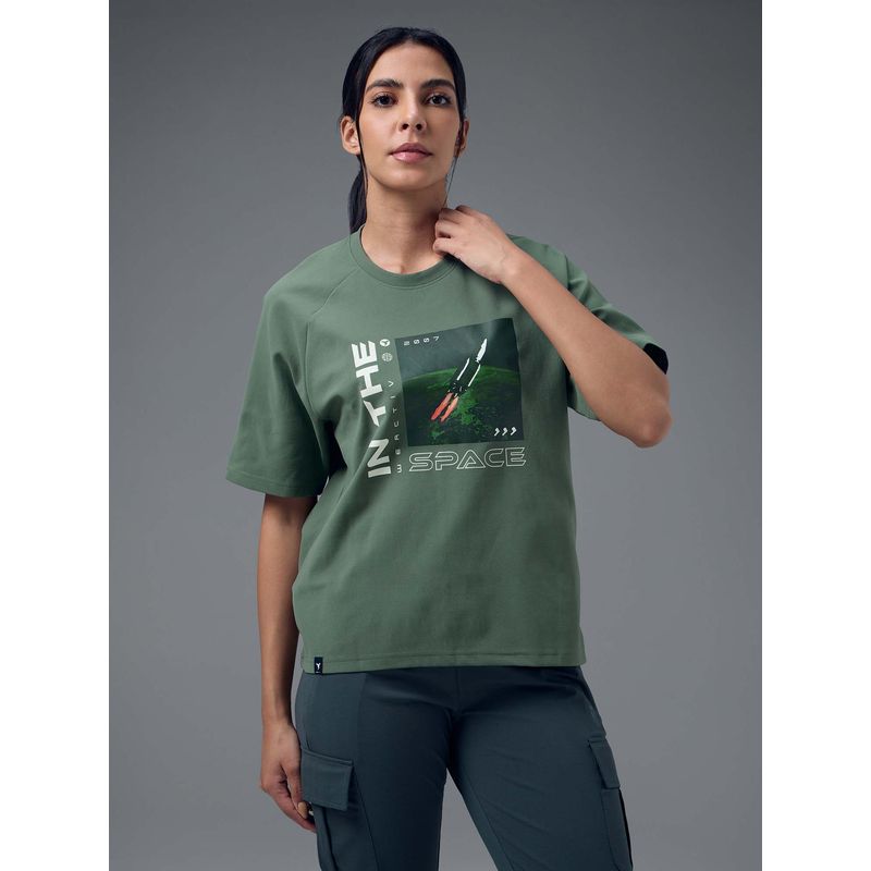 Technosport Women Green Graphic Printed Round Neck Sports T-Shirt (M)