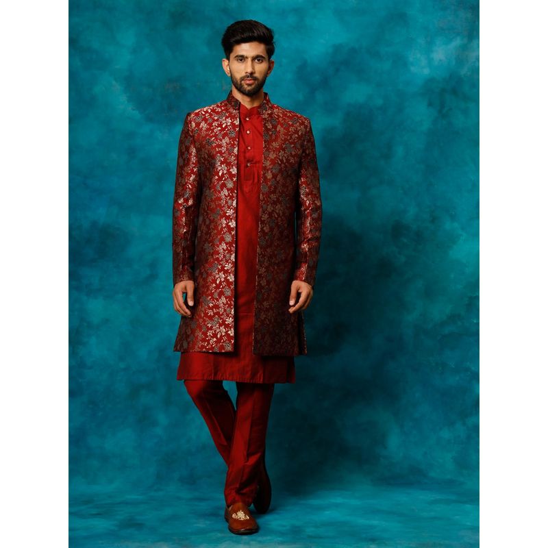 Vastramay Men'S Red Viscose Sherwani (Set of 3) (XL)