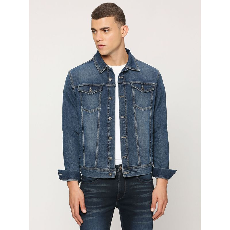 Pepe Jeans Navy Blue Washed Spread Collar Denim Jacket (L)