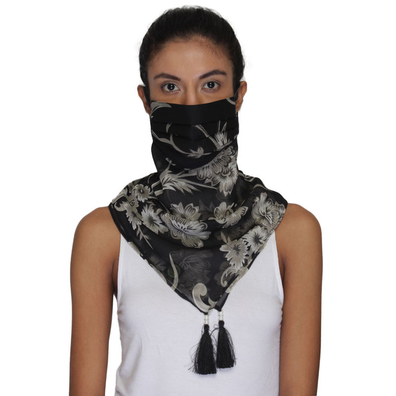 Anekaant 3 Ply Reusable Black   White Floral Printed Poly Chiffon Tesselled Scarf Style Fashion Mask