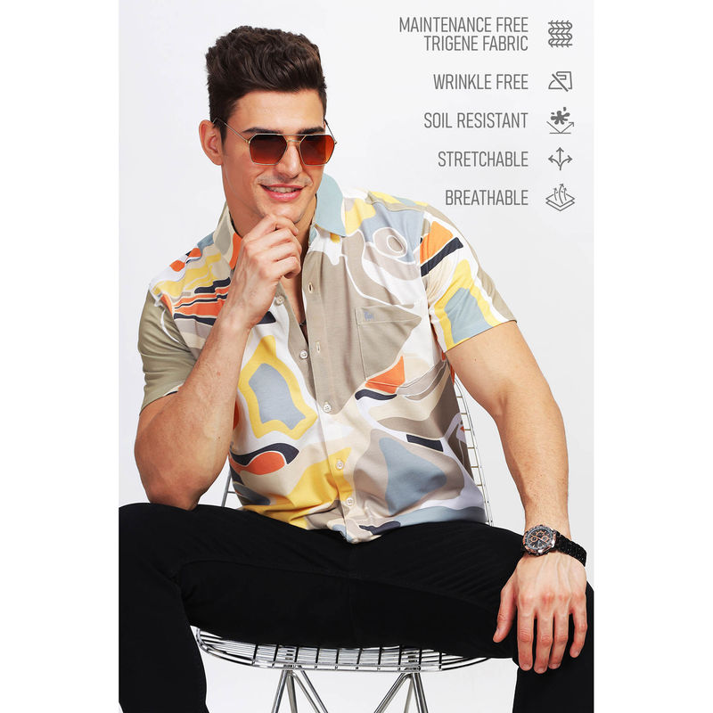 BULLMER Men Khaki Trendy Regular Fit Printed Casual Shirt (L)