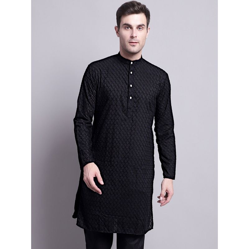 Jompers Men Black Embroidered Cotton Kurta (L)