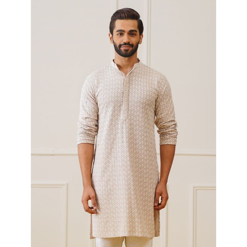 Jompers Men Beige Sequin Embroidered Pure Cotton Kurta (L)