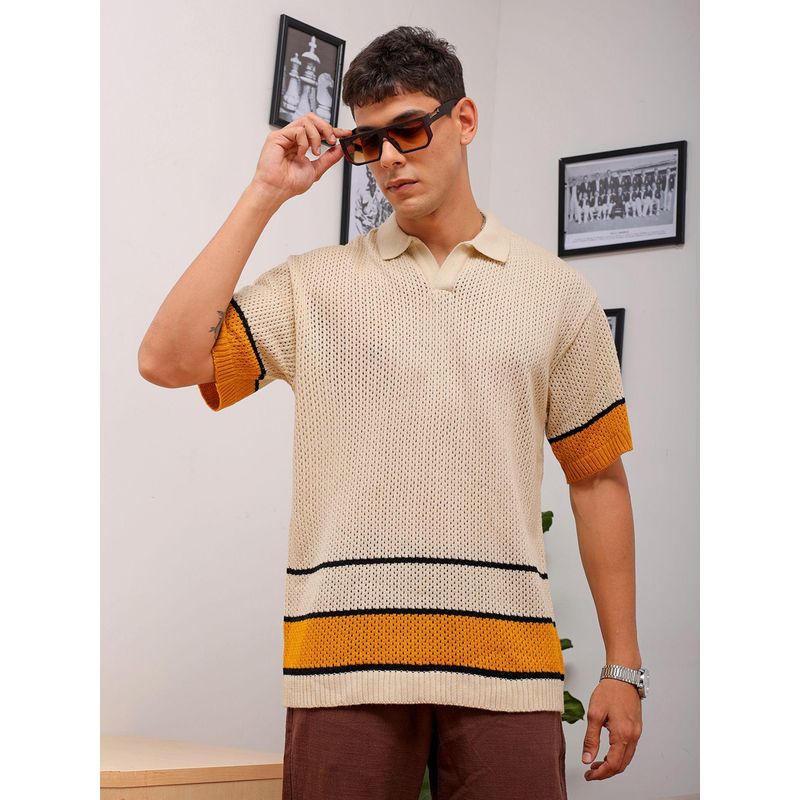 The Indian Garage Co Men Stripes Half Sleeves Johnny Collar Casual Polo T-Shirt (S)