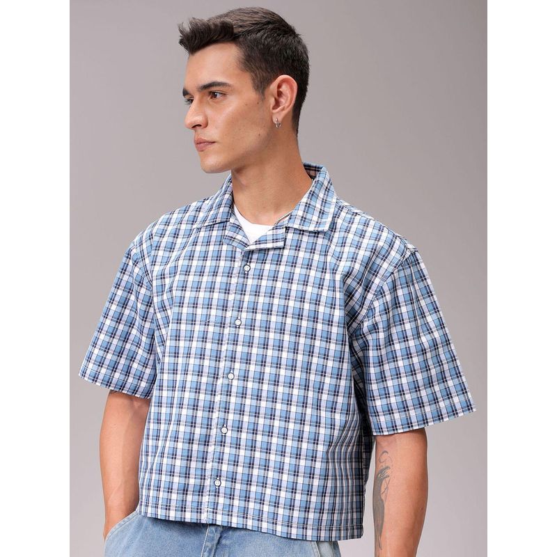 The Indian Garage Co Men Boxy Fit Checks Half Sleeves Cuban Collar Cropped Shirt (L)