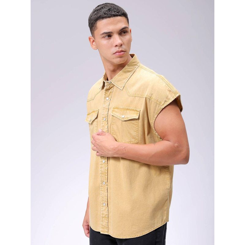 The Indian Garage Co Men Boxy Fit Solid Sleeveless Regular Collar Double Flap Pocket Shirt (M)