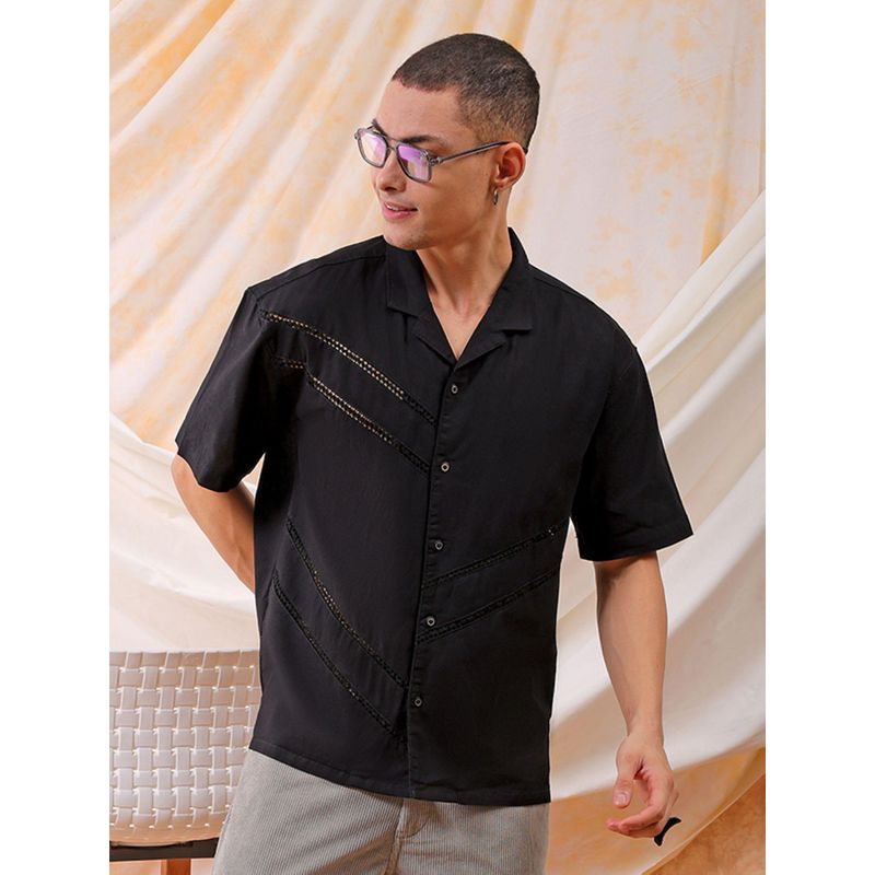 The Indian Garage Co Men Solid Embroidered Half Sleeves Cuban Collar Shirt (S)