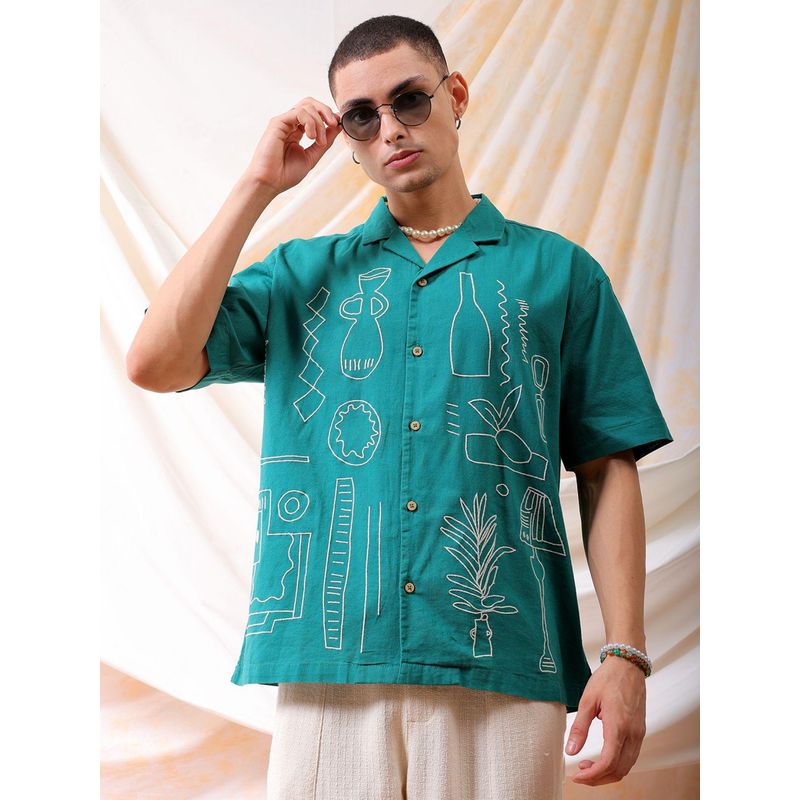 The Indian Garage Co Men Placement Embroidered Half Sleeves Cuban Collar Shirt (S)