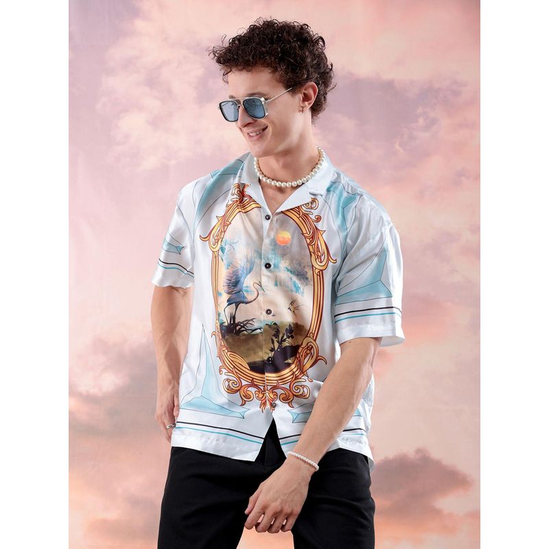 The Indian Garage Co Men Border Print Half Sleeves Cuban Collar Shirt (L)