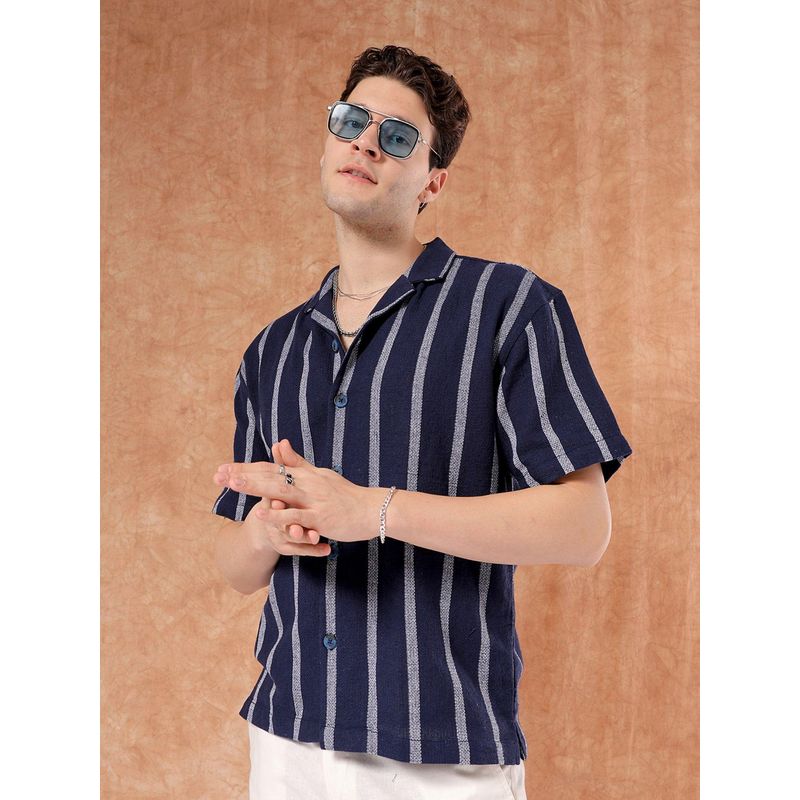 The Indian Garage Co Men Stripes Half Sleeves Cuban Collar Shirt (L)