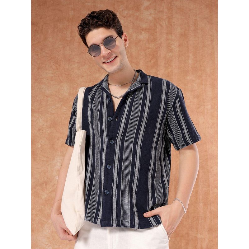 The Indian Garage Co Men Stripes Half Sleeves Cuban Collar Shirt (L)