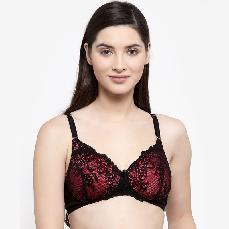 Groversons paris beauty Lace Embellished Non Wired Padded Bra - Coral Black (36B)