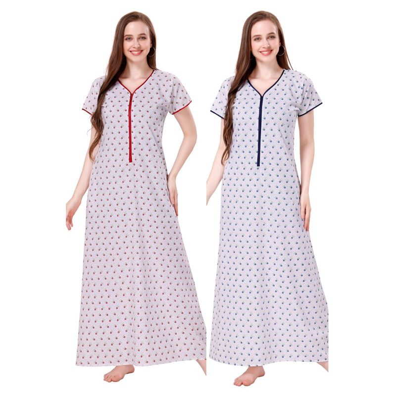 PIU Womens Cotton Gown Red Blue (Pack of 2) (M)