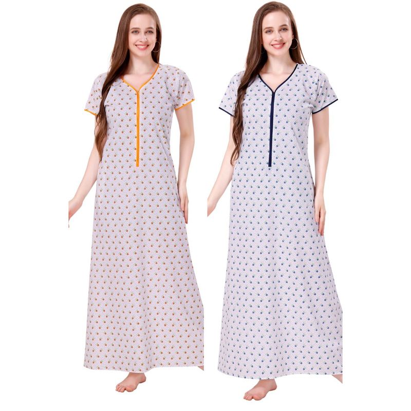 PIU Womens Cotton Gown Blue Yellow (Pack of 2) (M)