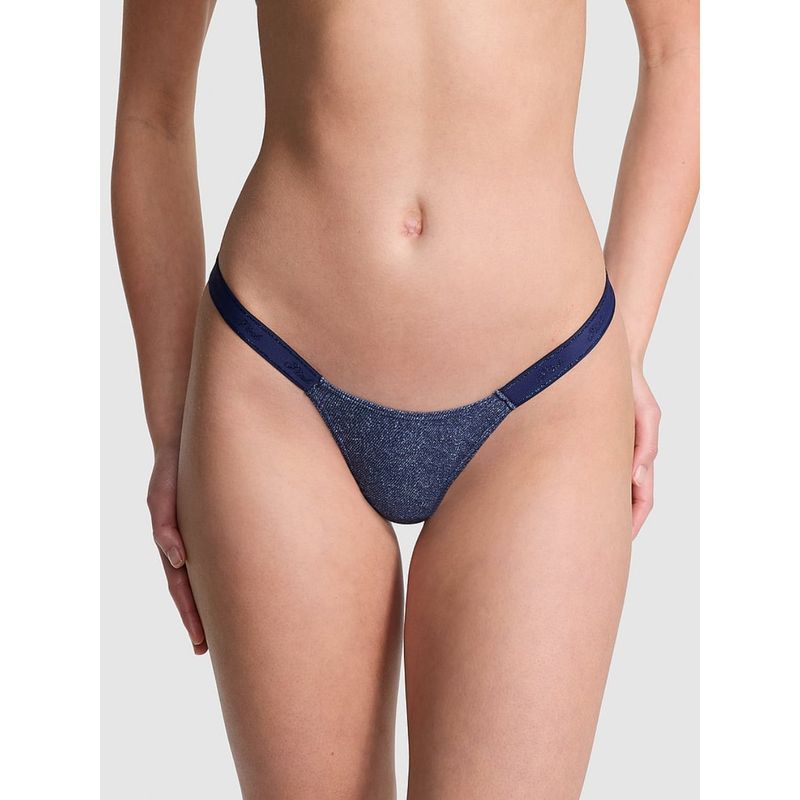 Victoria's Secret PINK Logo Cotton Denim Haze Micro Thong Panty Blue (S)