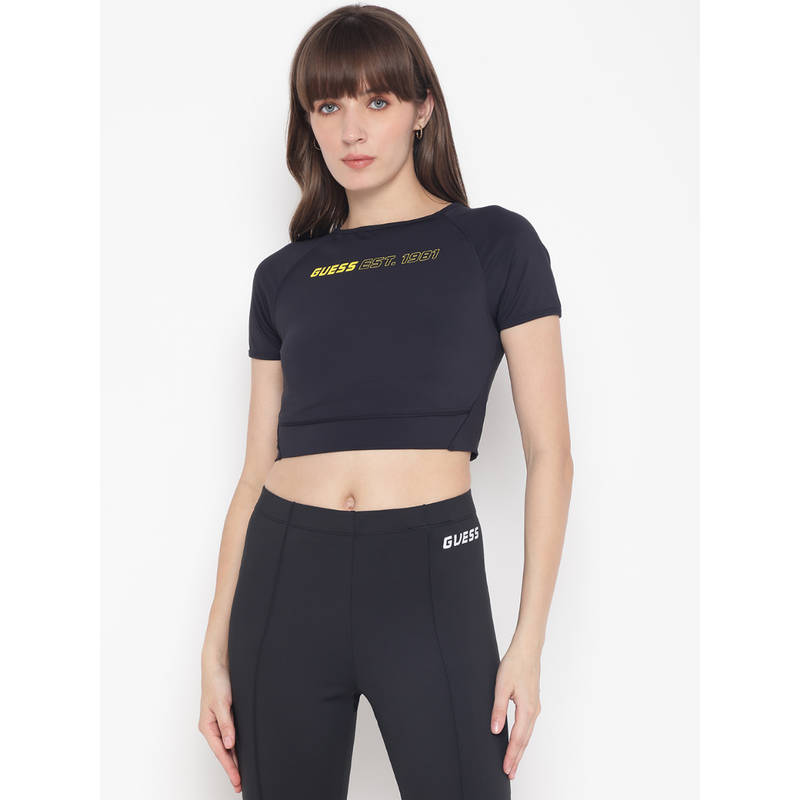 Guess Women's Navy Blue Printed Round Short Sleeve Crop Top (S)