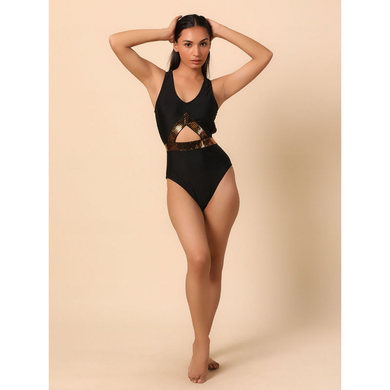 WomanLikeU Black Padded Monokini With Designer Back (S)