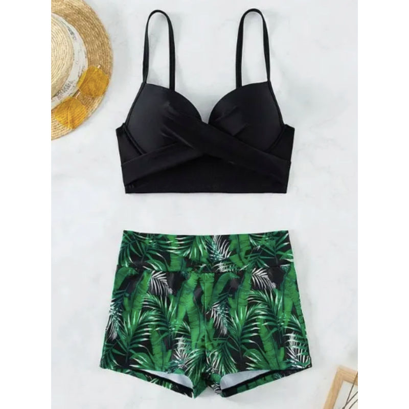 WomanLikeU Black Tropical Print Swimwear (Set of 2) (XL)
