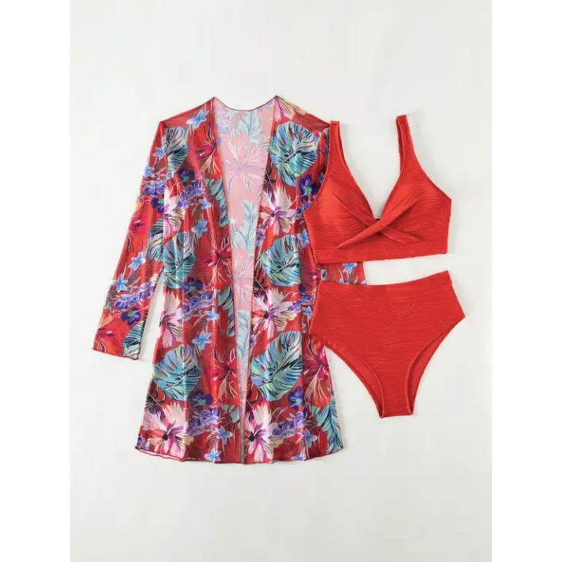 WomanLikeU Red Bikini Top With Bikini Bottom And Shrug (Set of 3) (S)