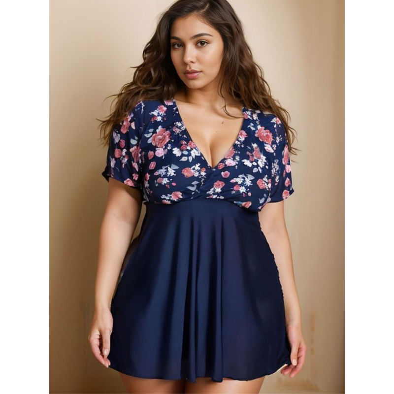 WomanLikeU Blue Plus size Swim Dress with bikini bottoms (XL)