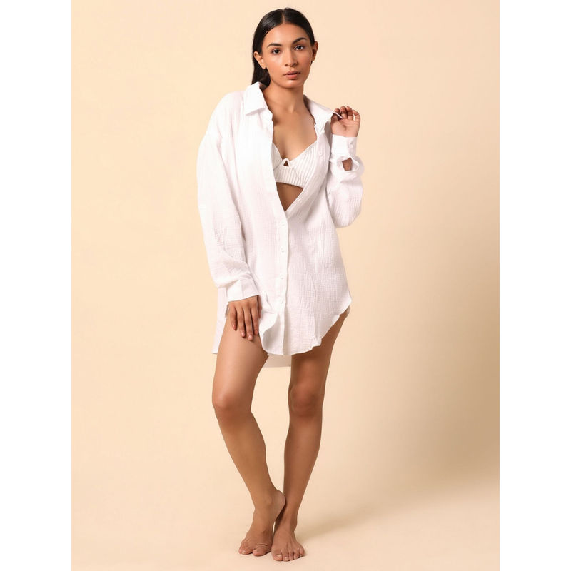 WomanLikeU White Sequined Swim Cover-Up Shirt (S)