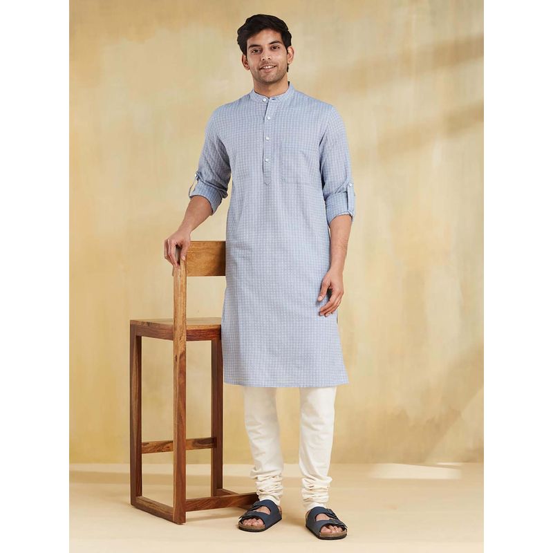 Fabindia Blue Cotton Dobby Slim Fit Long Kurta (L)