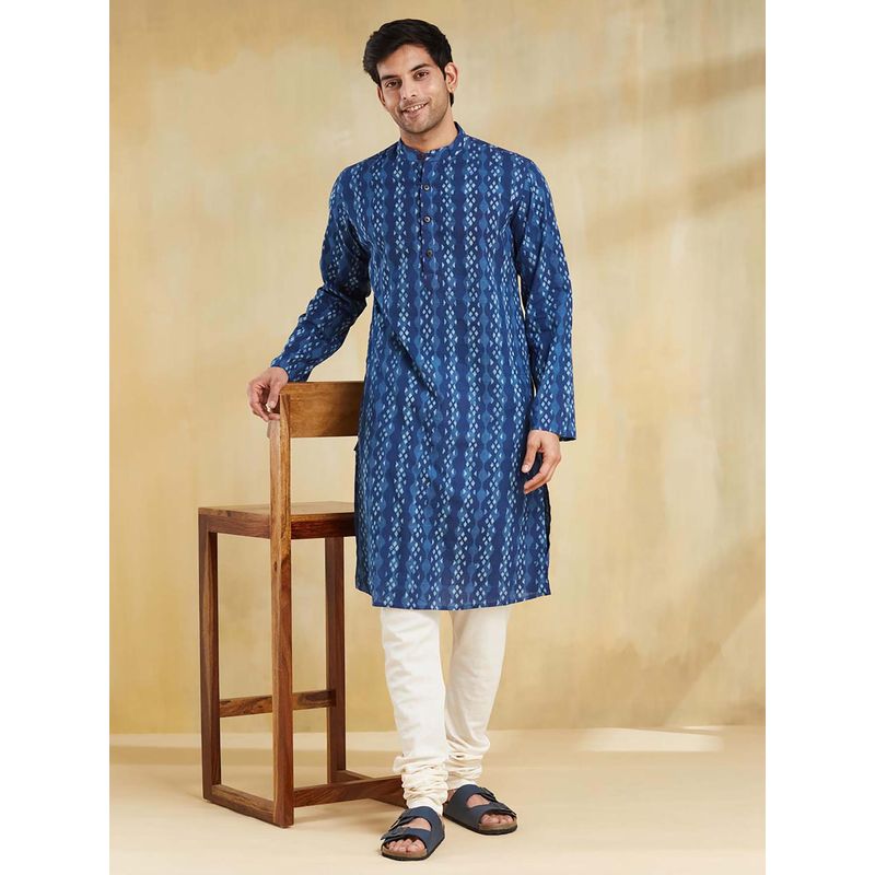 Fabindia Navy Blue Cotton Dobby Printed Slim Fit Long Kurta (XS)