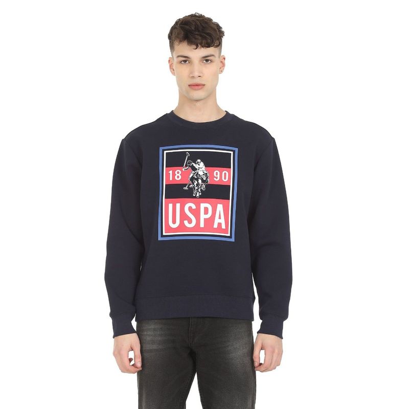 U.S. POLO ASSN. Men Navy Crew Neck Brand Print Sweatshirt (L)