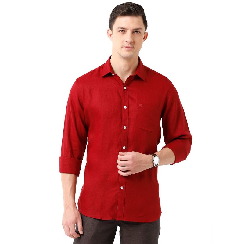 Linen Club Men's Pure Linen Red Solid Regular Fit Full Sleeve Casual ...