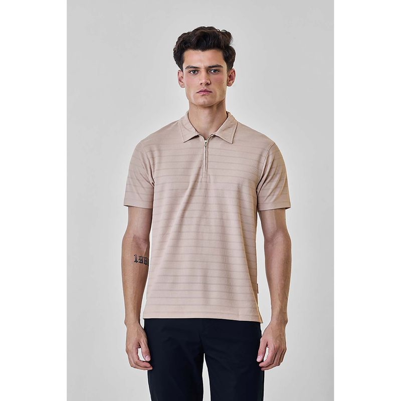 Snitch Beige Stripes Half Sleeves Slim Casual Polo T-shirt for Men (L)