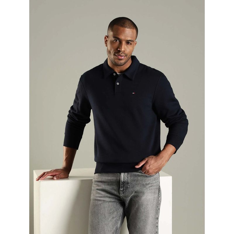 Tommy Hilfiger Solid Regular Fit Cotton Sweatshirt-Navy Blue (S)