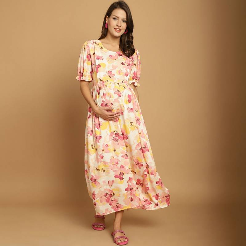 Secret Wish Beige Floral Rayon Maternity Dress (L)