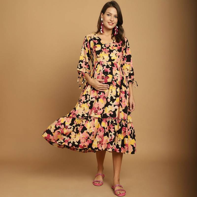 Secret Wish Black Floral Rayon Maternity Dress (M)