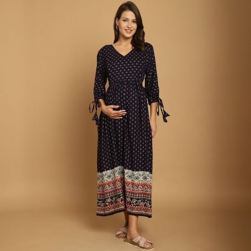 Secret Wish Navy Blue Printed Rayon Maternity Dress (XL)