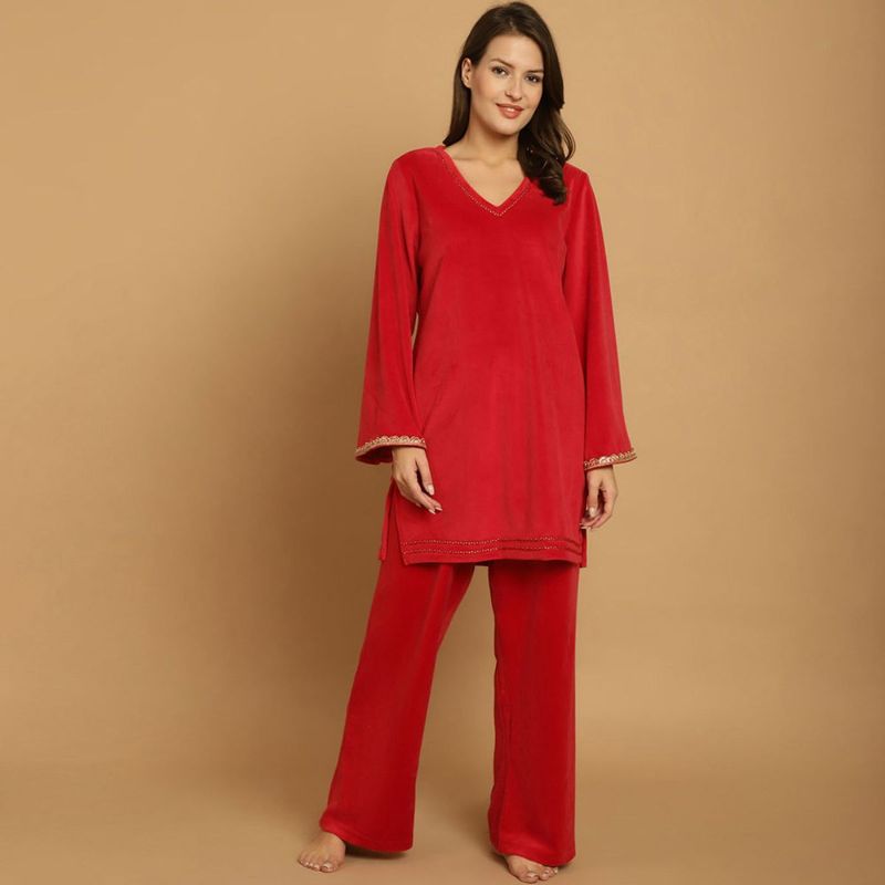 Secret Wish Red Solid Velvet Winter Night Suit (XL)