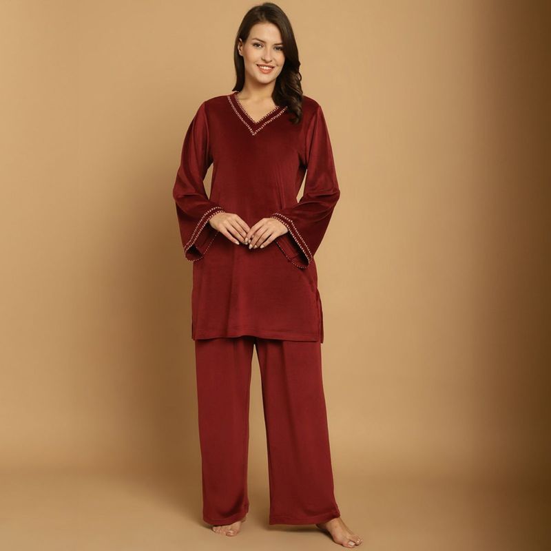 Secret Wish Maroon Solid Velvet Winter Night Suit (M)