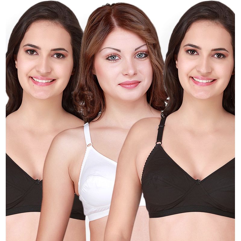 Floret Pack Of 3 Solid Full - Coverage Cotton Bras - Multi-Color (32B)