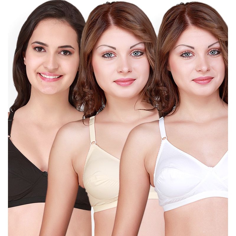 Floret Pack Of 3 Solid Full - Coverage Cotton Bras - Multi-Color (34B)