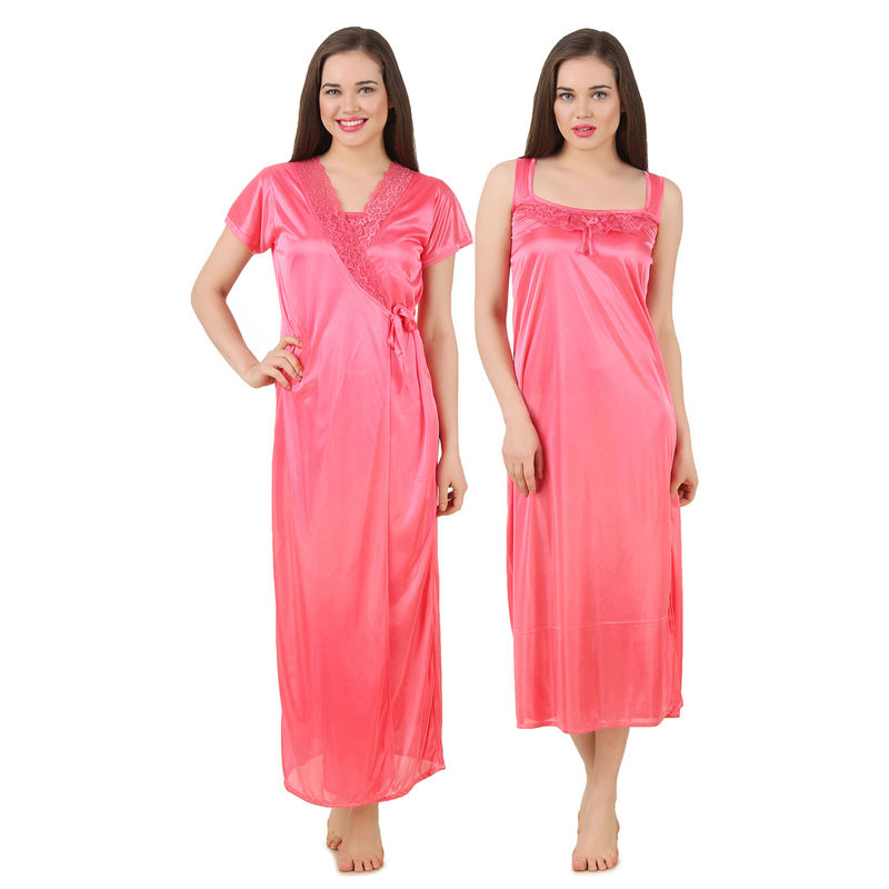 Fasense Women Satin Nightwear 2 PCs Set of Nighty & Wrap - Pink: Buy ...