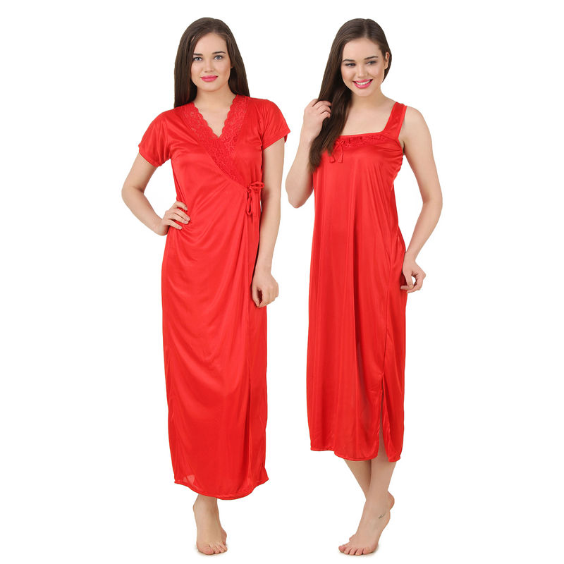 Fasense Women Satin Nightwear 2 PCs Set of Nighty & Wrap - Red (M)