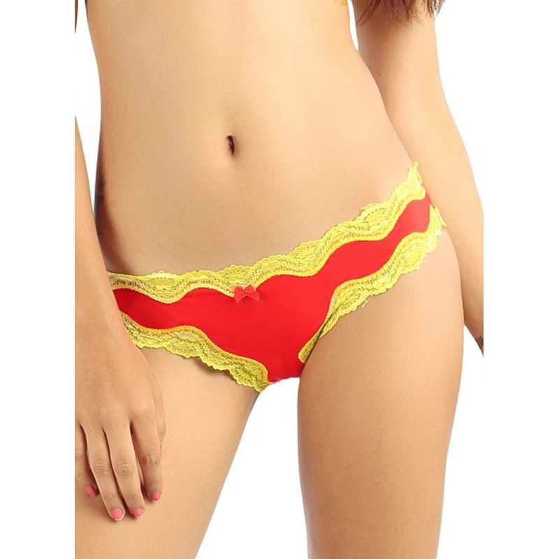 Candyskin Thong With Lace Trim (Red-Yellow) - Small