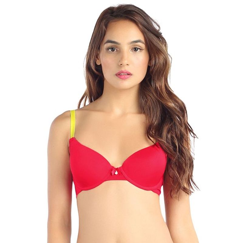 Candyskin Nylon Spandex T-shirt Bra with Multi Coloured Strap (Dark Pink-Yellow) - 38B