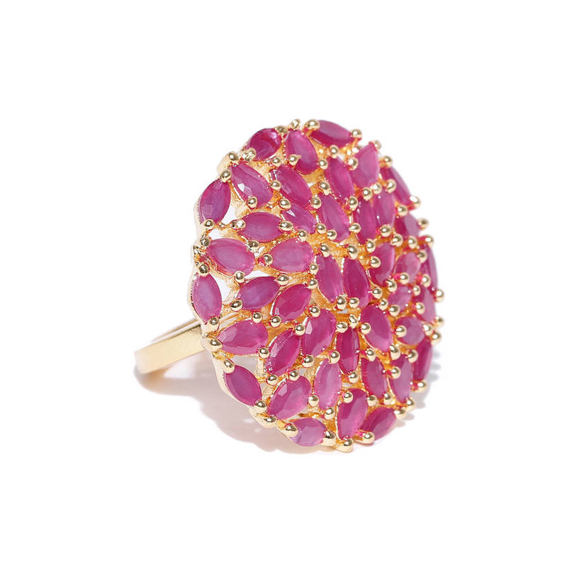 Jewels Galaxy Gold-Toned And Pink Stone-Studded Adjustable Ring
