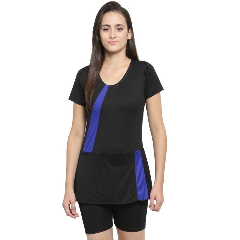 N Gal Frock Style Black   Blue Accent Half Sleeve Top with Shorts Swimsuit
